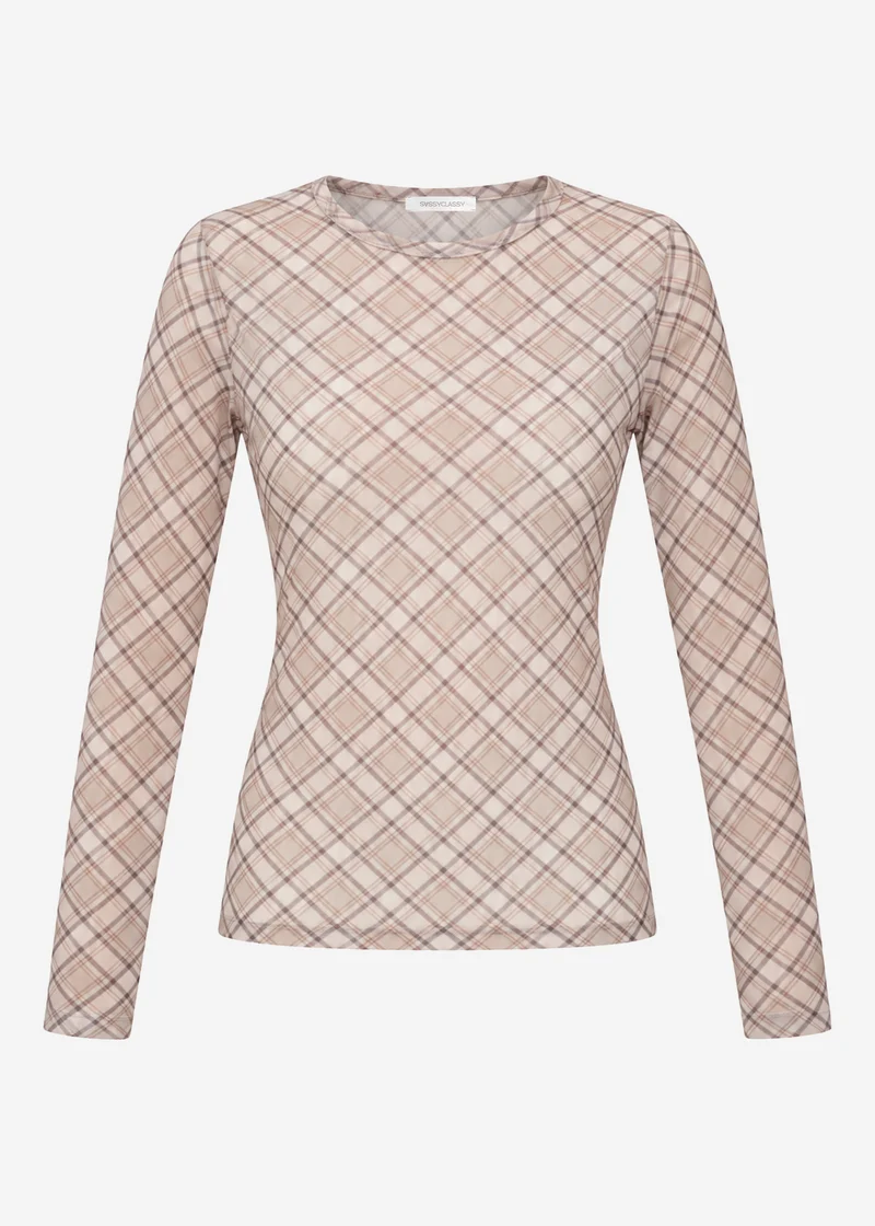Mesh Langarmshirt mit kariertem Muster - beige