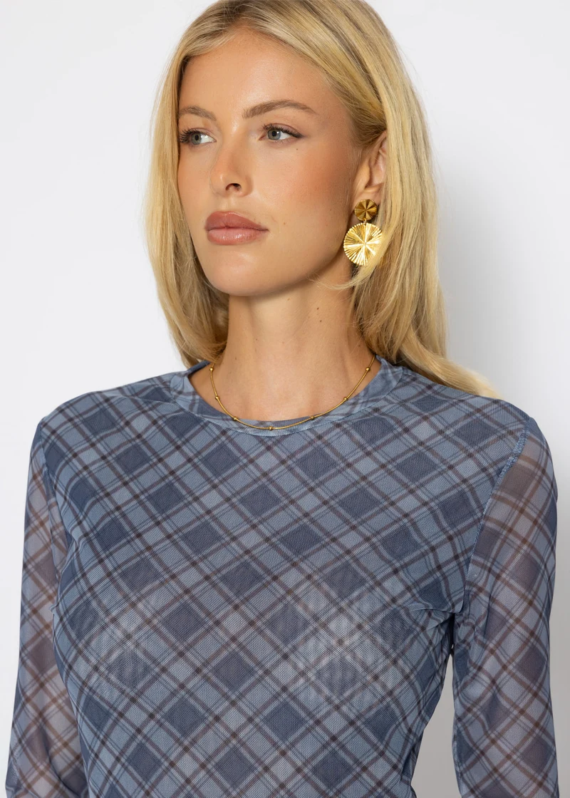 Mesh Langarmshirt mit kariertem Muster - blau