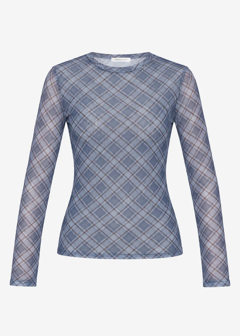 Mesh Langarmshirt mit kariertem Muster - blau