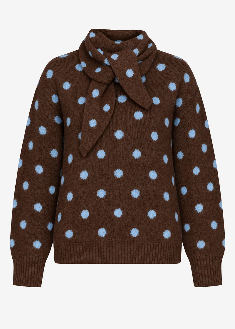 Gepunkteter Pullover mit Schal - braun